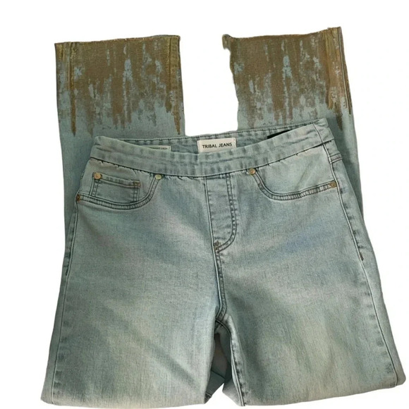 Tribal Audrey Mid Rise Straight Crop Gold Dipped Pull On Jeans Size 4 - Picture 14 of 14